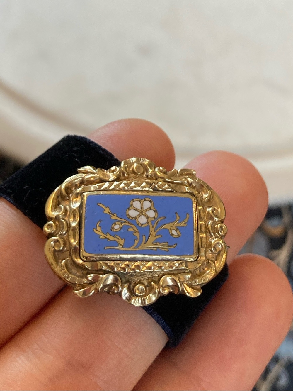 Antique Georgian Enamel Forget-Me-Not Puffy Style Brooch & Velvet Ribbon